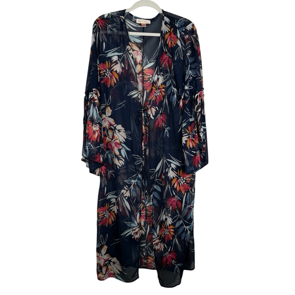 Band Of Gypsies Navy Tie Waist Floral Slit Bell Sleeve Komono Women's Size Large